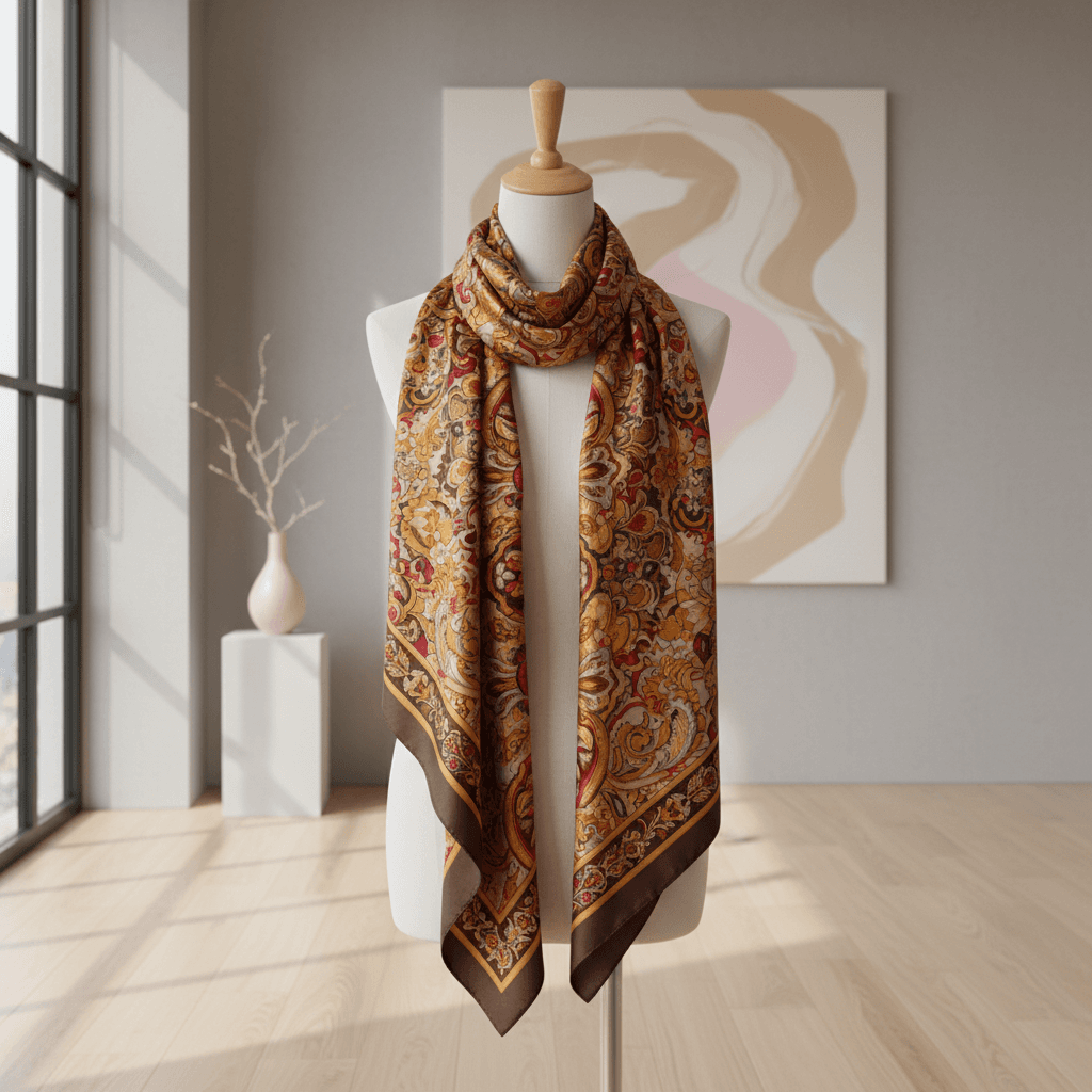Warm-toned patterned silk scarf elegantly displayed in a minimalist setting.