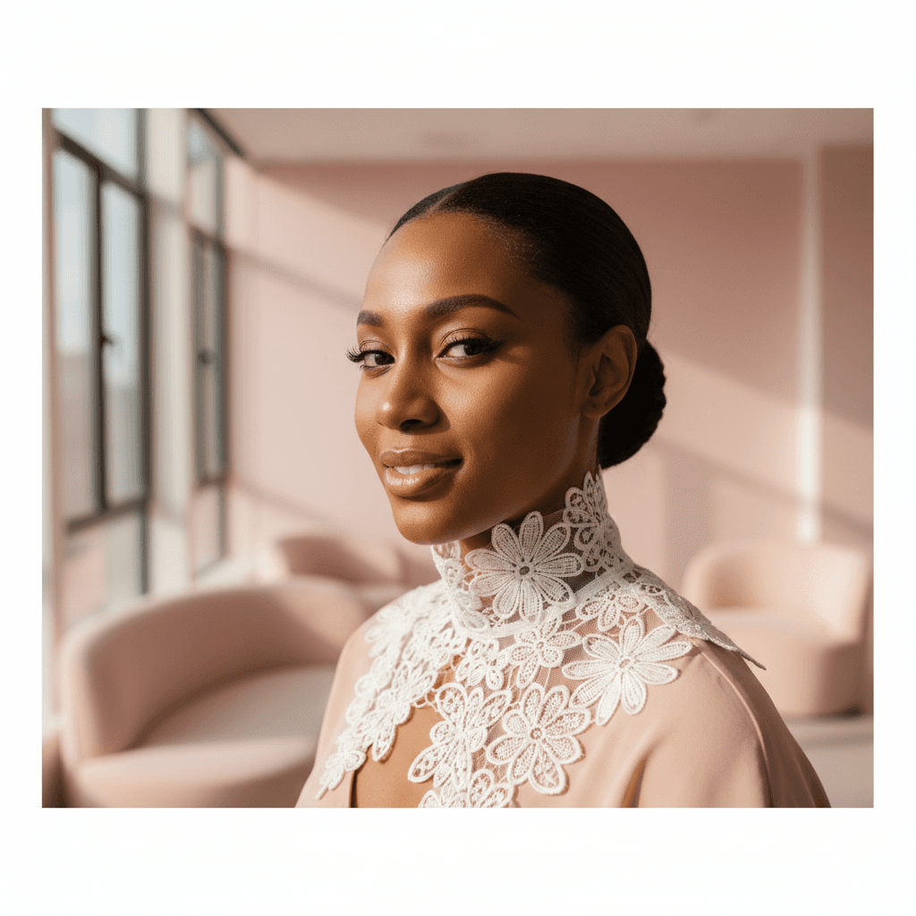 Nigerian woman in an elegant lacy detachable collar in a minimalist setting.