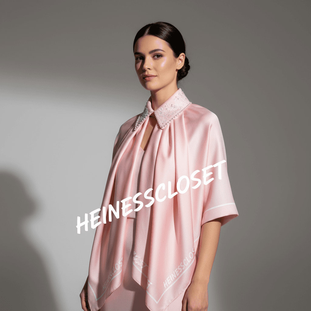 Woman modeling HEINESSCLOSET silk scarf and detachable collar in baby pink, elegant fashion