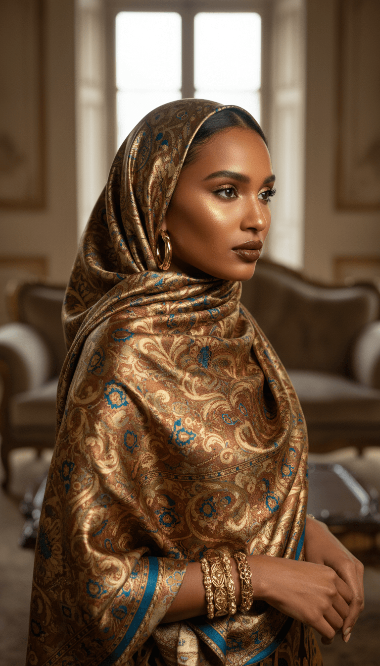 Woman displaying silk scarf with detailed fabric texture