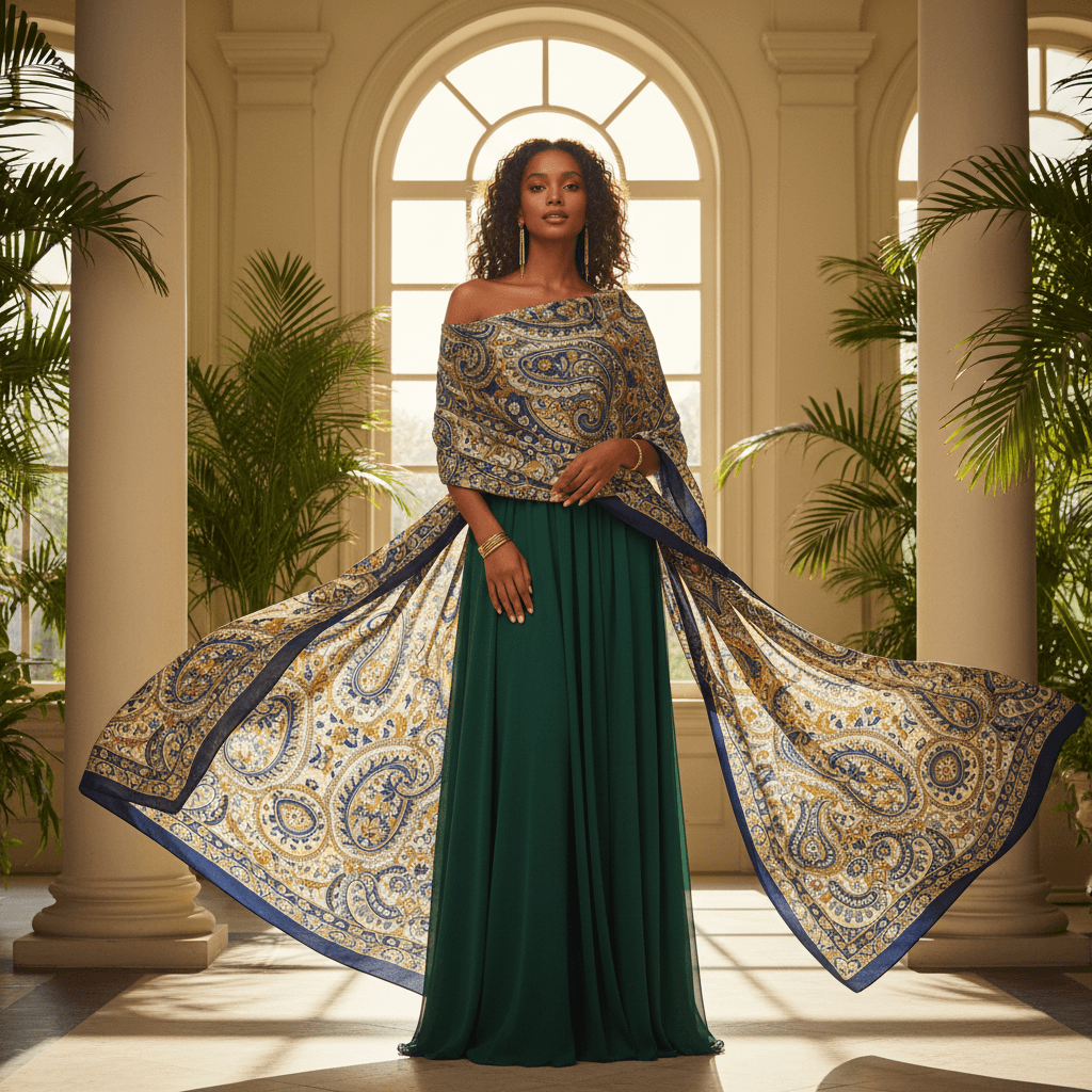 Brown-skinned model wearing flowing patterned silk scarf with elegant gown in bright natural light