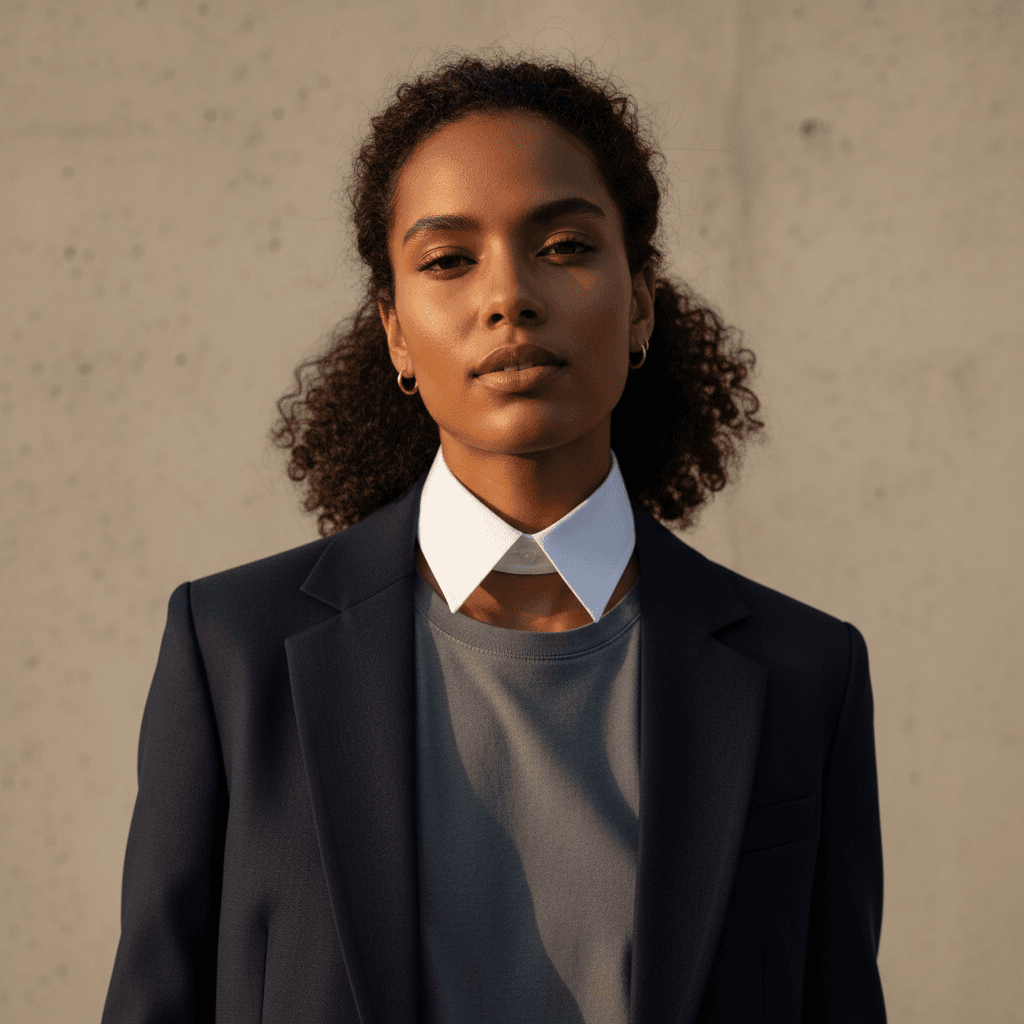 Detachable collar styled over a professional outfit