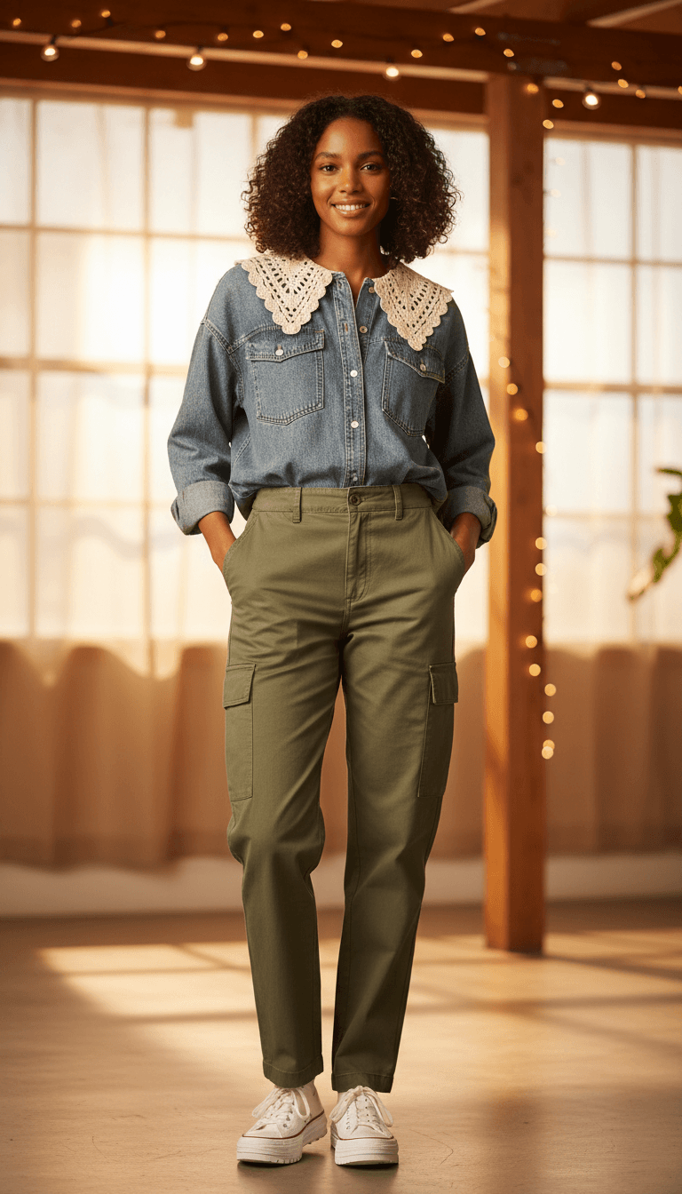 Model wearing plain collar on casual outfit