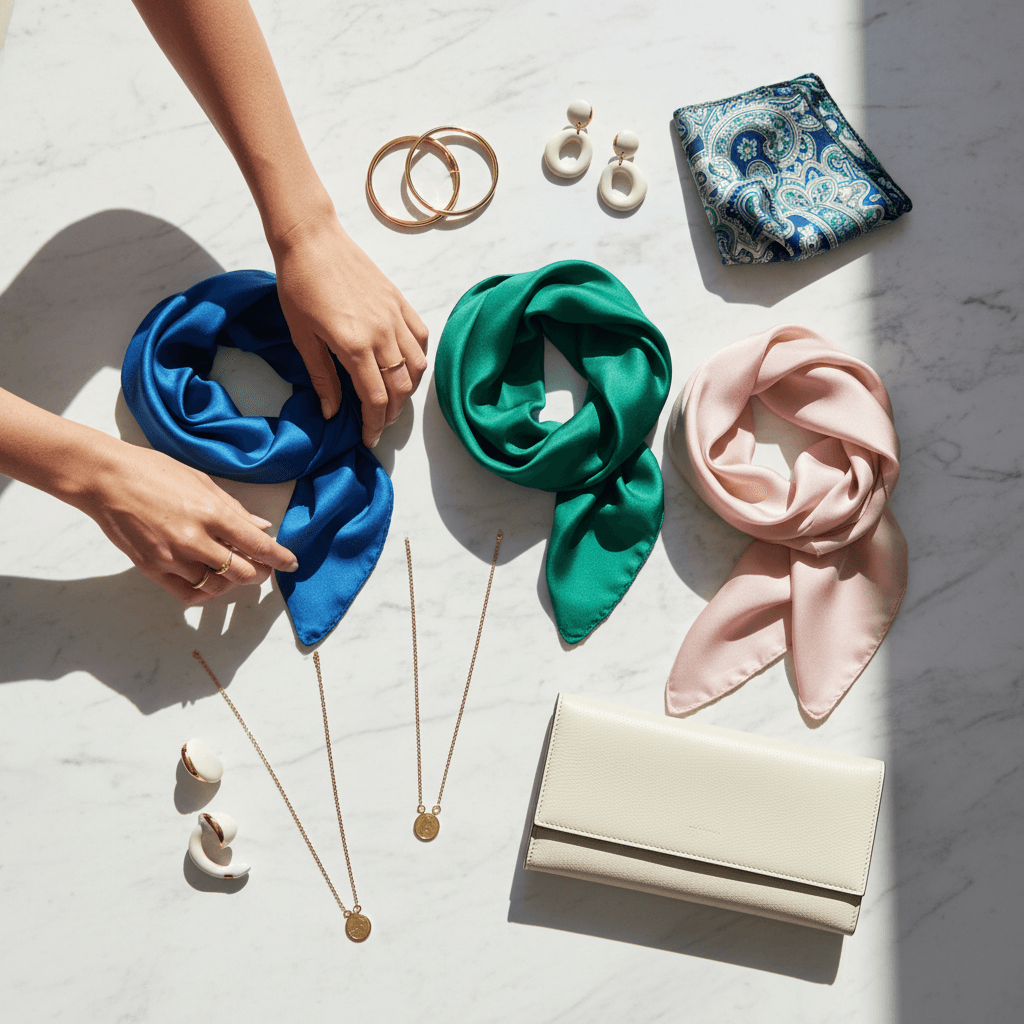 Luxury fashion accessories arranged with baby pink branding, silk scarves and detachable collars, elegant styling