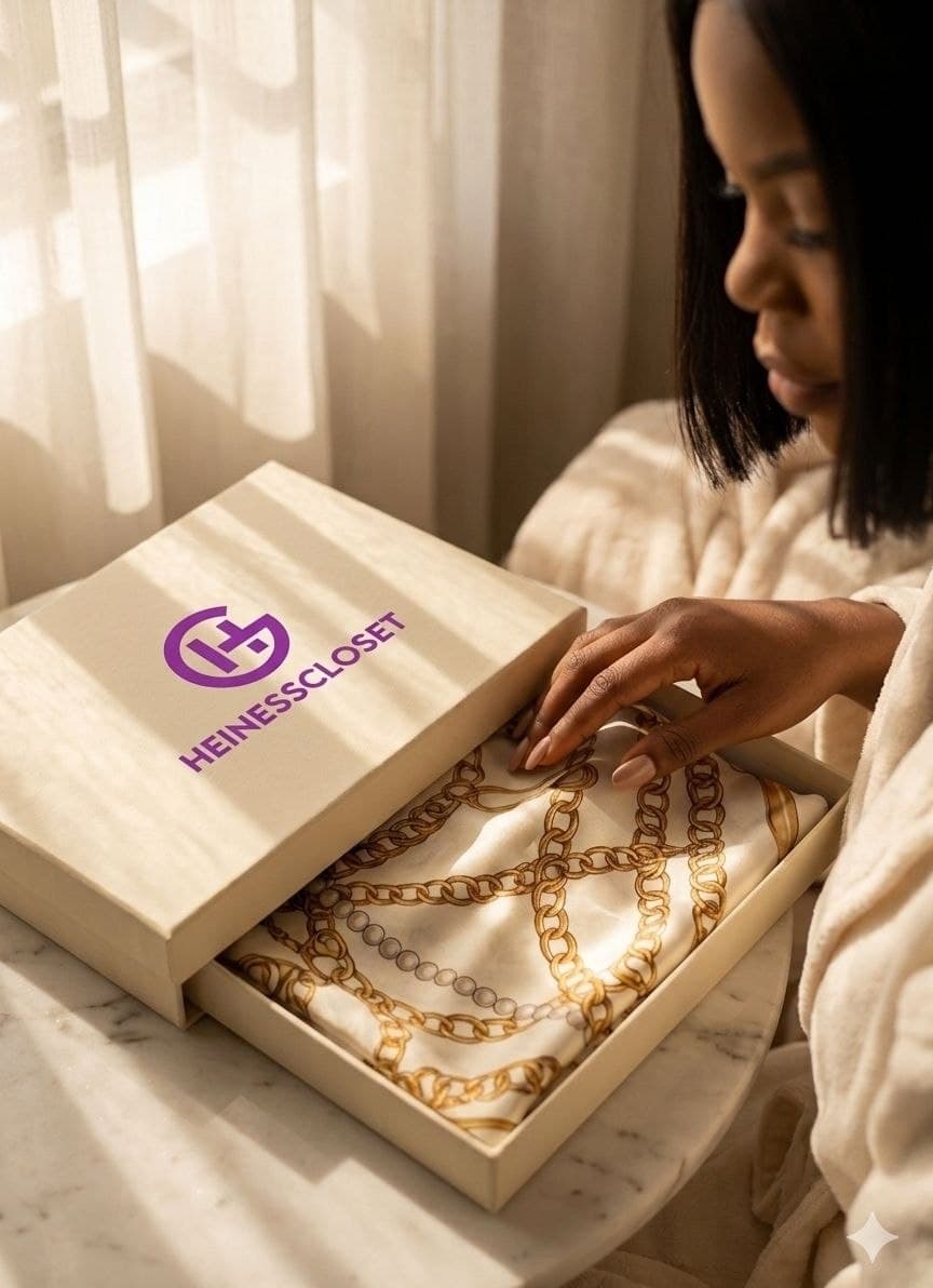 Woman opening a Heinesscloset gift box containing a white silk scarf with gold chain patterns.