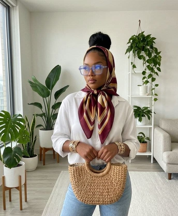 Woman wearing a burgundy patterned headscarf and blue glasses, holding a woven straw handbag.