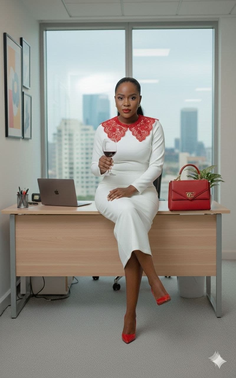 Woman in white dress with red lace collar sits on desk holding red wine glass.
