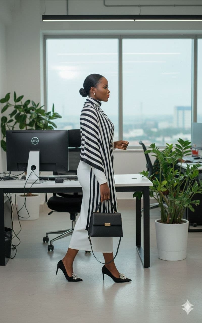 Elegant Black woman in a striped shawl and white dress walking through a modern office.